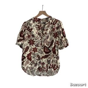Joie Floral Blouse Cream Red Boho Top Romantic Button-Down linen blend